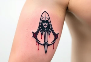 Assassins Creed emblem with hooded character, NO FACE, with blood splashes and a sword tattoo idea