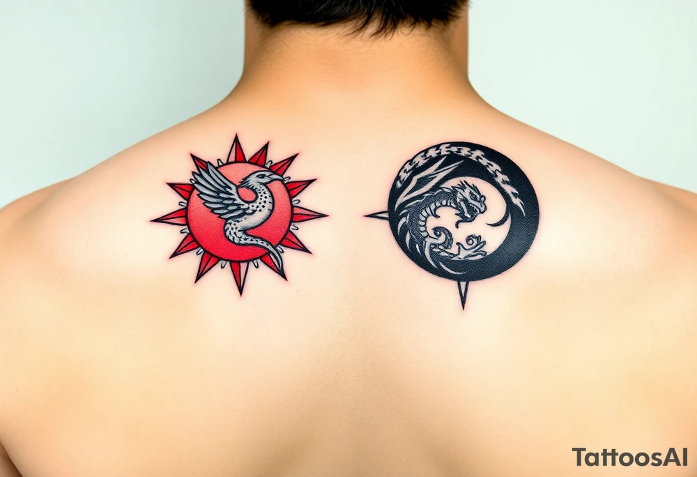 Ultra-thin black and red tattoo band, Greek meander pattern with neo-tribal spikes. Left: red sun with angular phoenix. Right: black moon with dragon-ouroboros. Hidden Bagua trigrams. Clean line art, seamless repeat, NO background tattoo idea