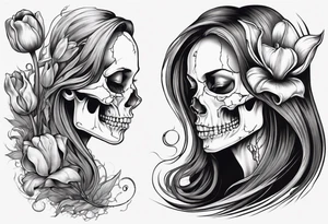 sideview of smiling female skull with long hair, one decayed tulip, one perfect tulip and one tulip bud tattoo idea