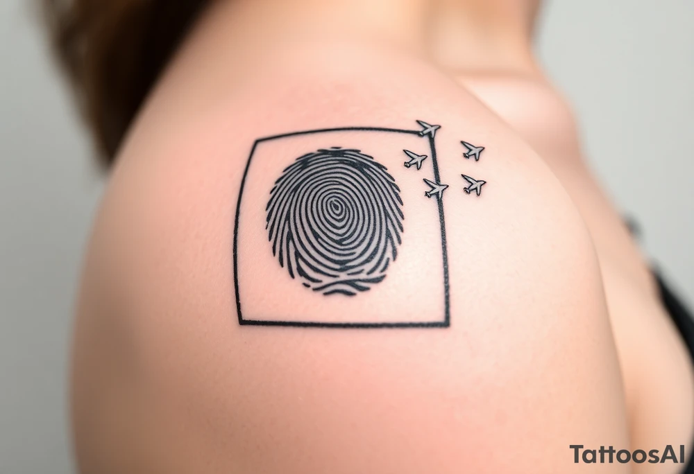 A rectangular or oval frame enclosing the fingerprint. Small planes fly out as if escaping or being released from the frame’s corner.

Signature: Etched into the bottom of the frame like an engraving. tattoo idea