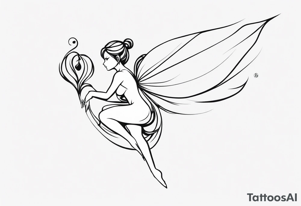 Minimalistic, monochromatic fairy with a tail flying to the left in a fetal position, leaning and looking in the same direction, with visible hands, embodying the 'Fairy Tail' logo aesthetic. tattoo idea