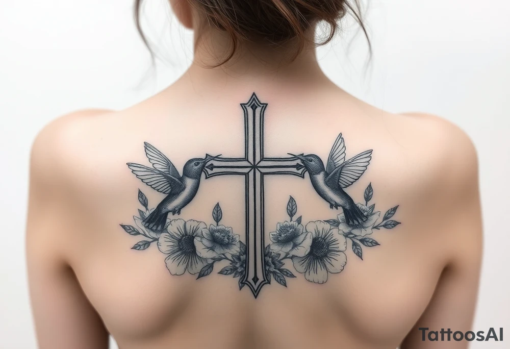 cross surrounded by hummingbirds and flowers tattoo idea