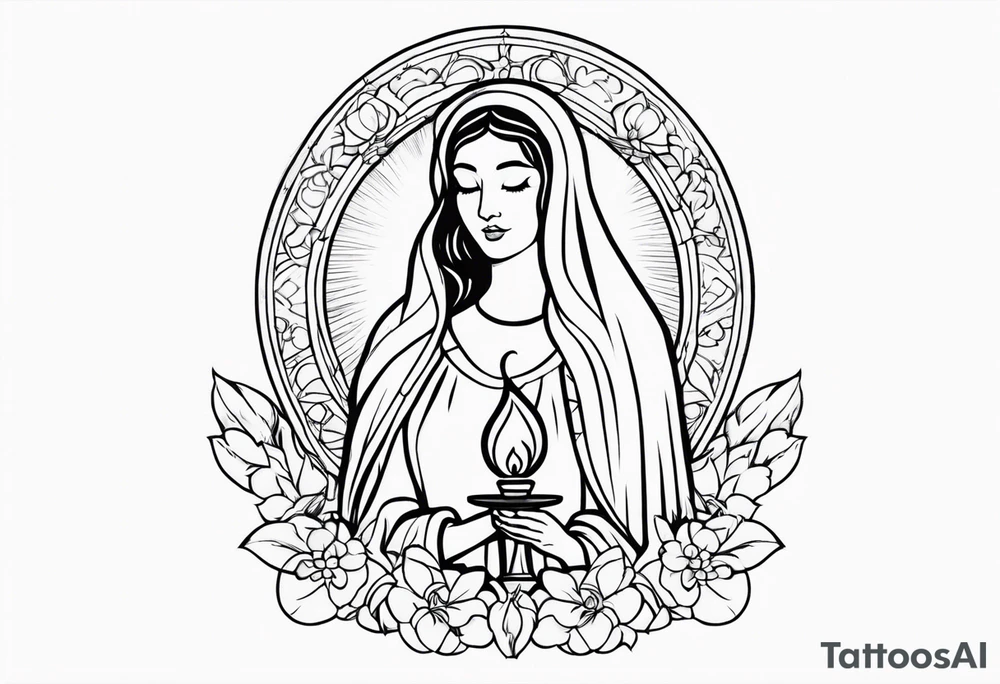 virgin maria holds 1 candle in her hand, tattoo should be full color tattoo idea