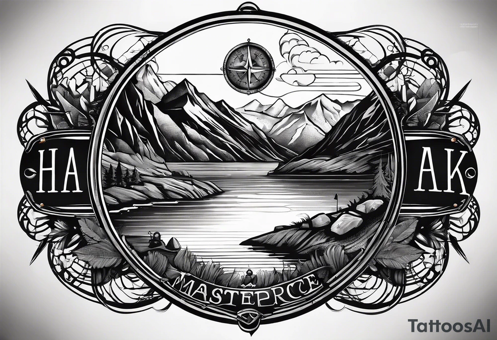 The word "HARK" as a banner with a mountain, a rock climbing carabiner, compass, and a lake and pontoon in a circular design tattoo idea