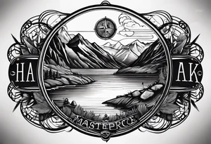 The word "HARK" as a banner with a mountain, a rock climbing carabiner, compass, and a lake and pontoon in a circular design tattoo idea