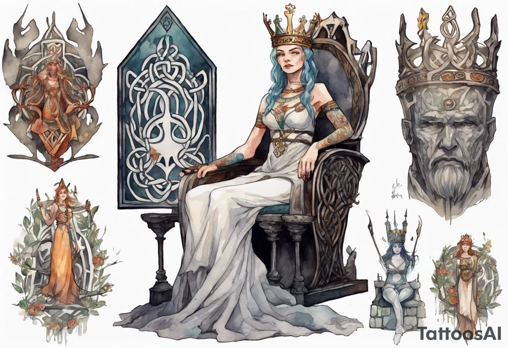 a celtic queen wearing a simple iron crown sitting on a stone throne tattoo idea