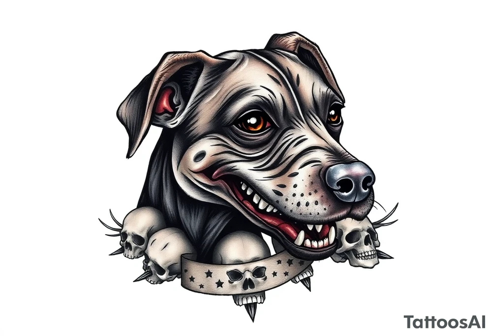 Half dead half alive zombie Brindle dog with the name kiwi . And some tiny skulls tattoo idea