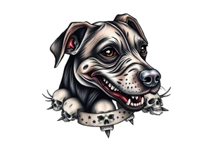 Half dead half alive zombie Brindle dog with the name kiwi . And some tiny skulls tattoo idea