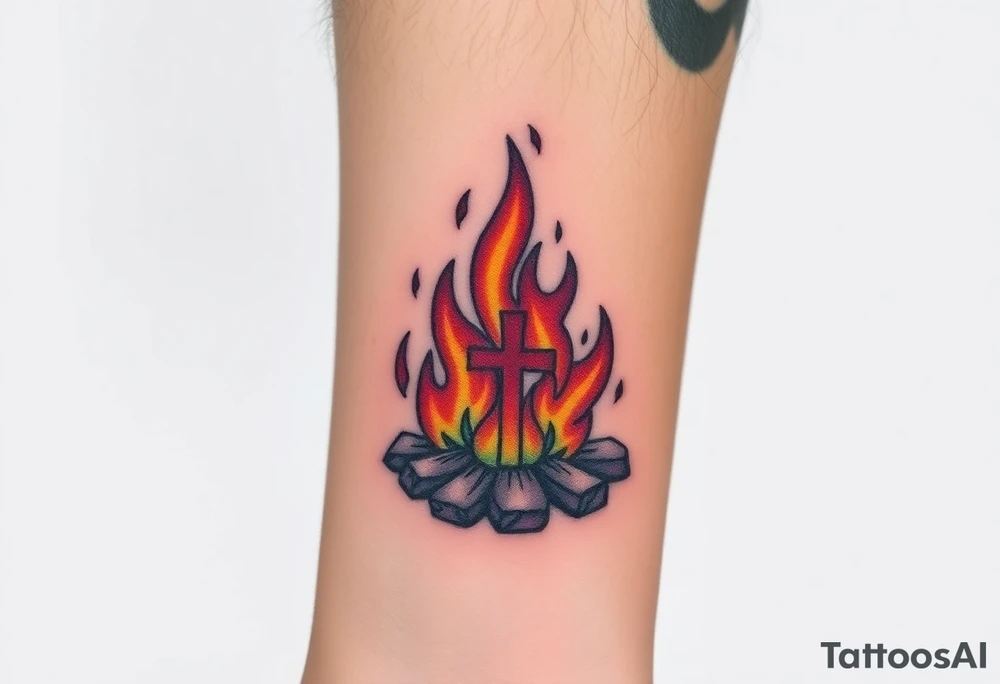 Campfire with cross hidden in the flames tattoo idea