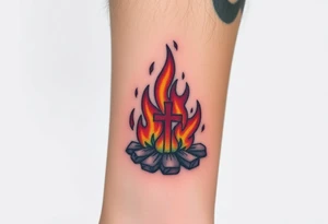 Campfire with cross hidden in the flames tattoo idea