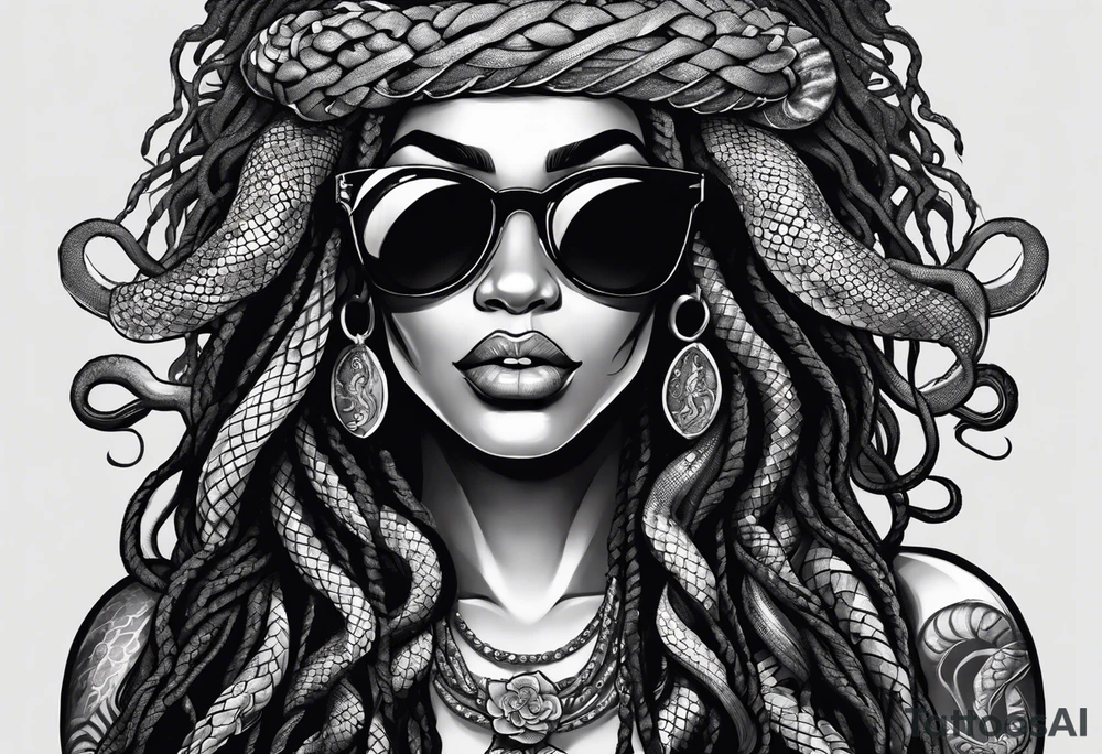 medusa as a beautiful black women with long black dreadlocks and one arm tattooed with snake skin and the other arm tattooed with marble, wearing large black sunglasses, streetwear tattoo idea