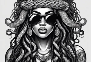 medusa as a beautiful black women with long black dreadlocks and one arm tattooed with snake skin and the other arm tattooed with marble, wearing large black sunglasses, streetwear tattoo idea