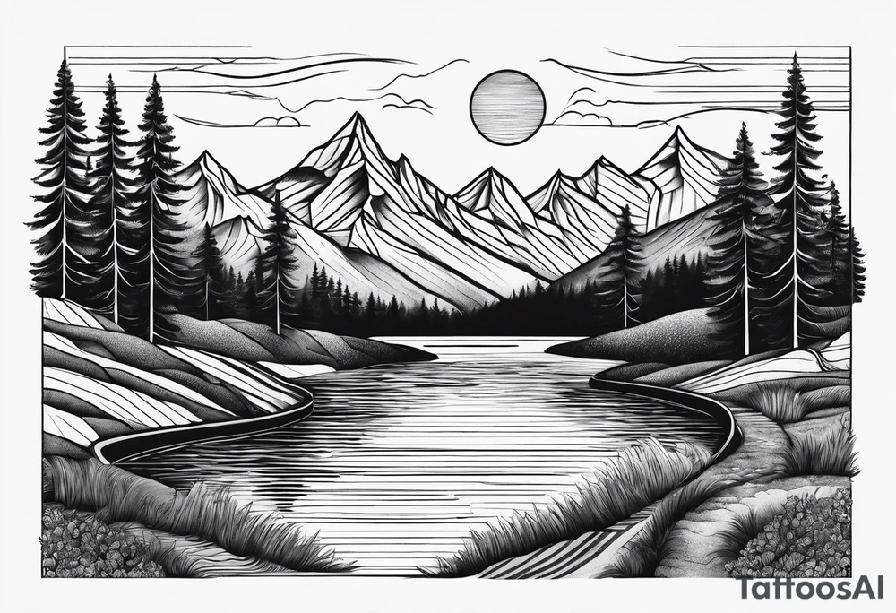 mountains, lake, road, sun tattoo idea