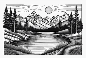mountains, lake, road, sun tattoo idea