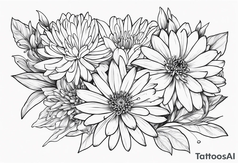 Asters, lillies, and chrysanthemums in a long line tattoo idea