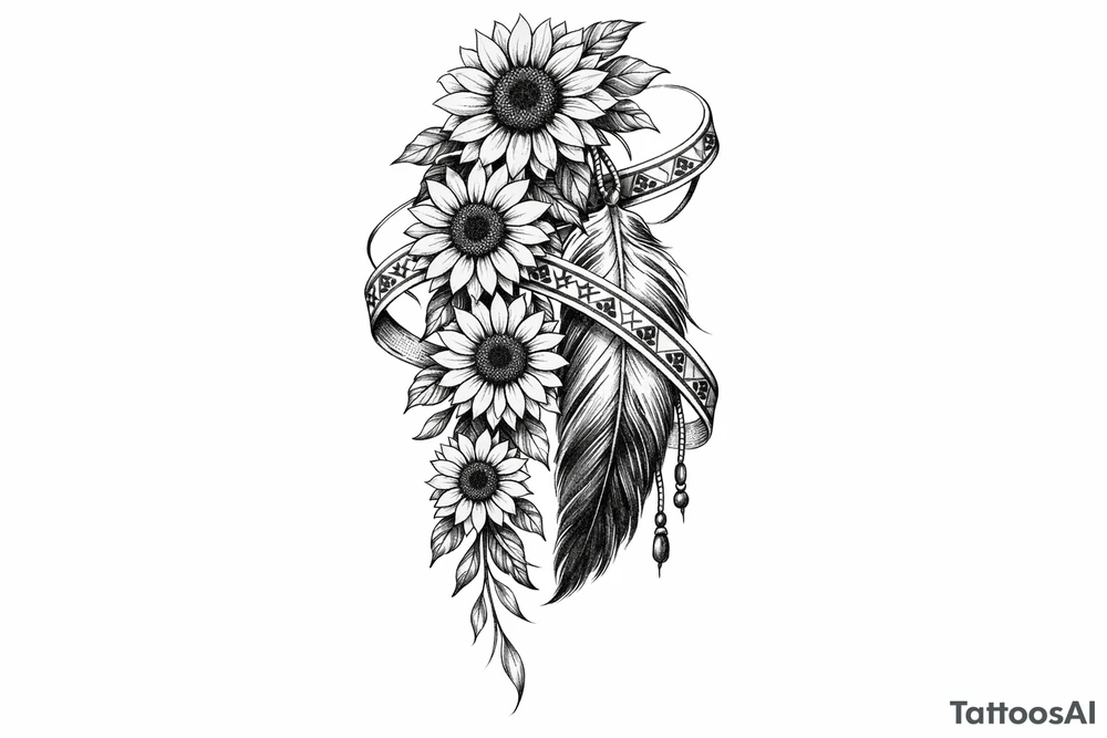 Cascading Sunflowers with an Indian feather all wrapped in Indian ribbon tattoo idea