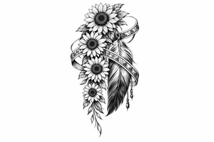 Cascading Sunflowers with an Indian feather all wrapped in Indian ribbon tattoo idea