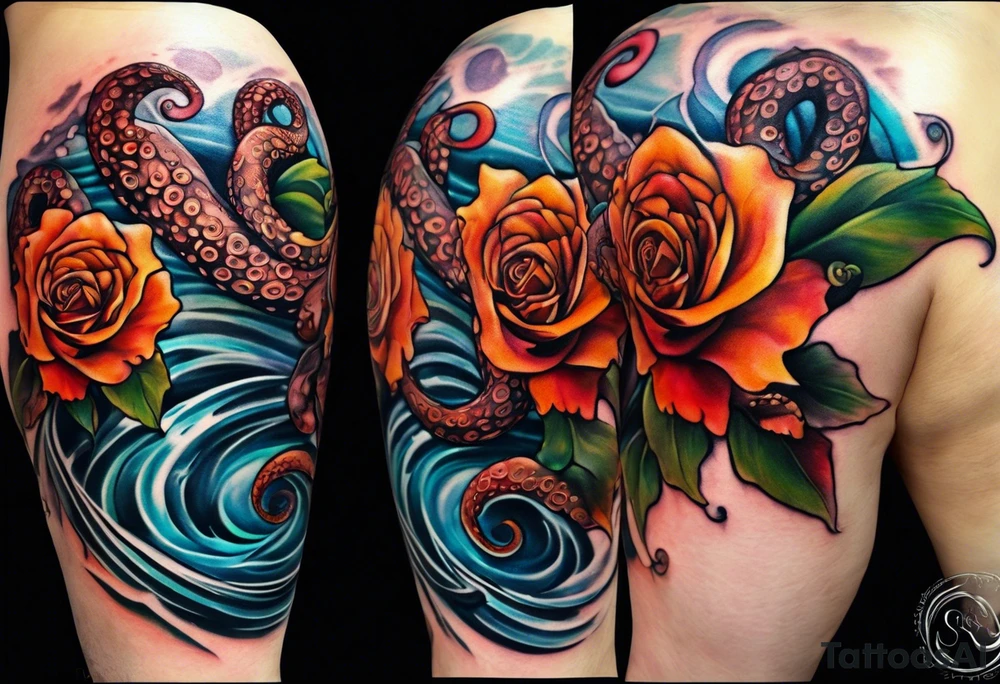 masculine abstract left thigh tattoo with a large long flowing octopus in water swirls wrapping around rocks, a rose, in fall colors with some small leaves and fall elements tattoo idea