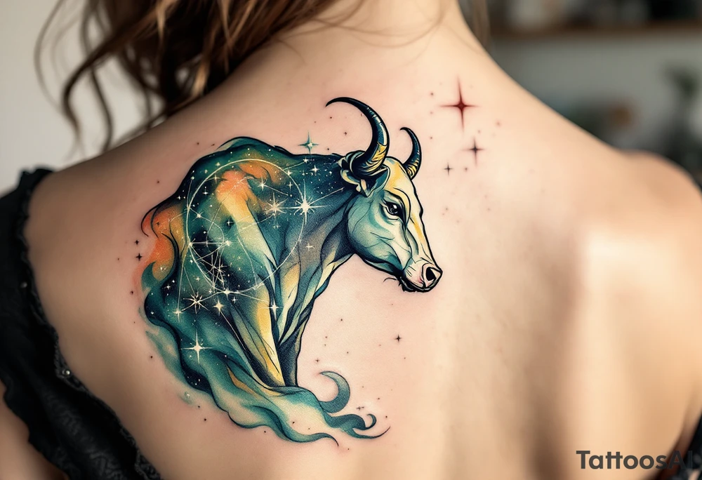 Bathed in creamy starlight, the Taurus bull stands firm amid cosmic chaos lookig at taurus star constellation tattoo idea