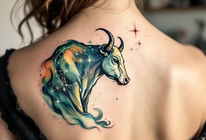 Bathed in creamy starlight, the Taurus bull stands firm amid cosmic chaos lookig at taurus star constellation tattoo idea