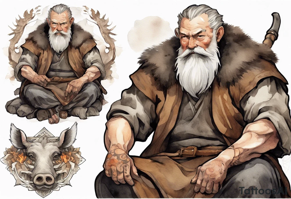 a 55-year-old large Norseman with a grey beard wearing a brown and black tunic sitting by a hearth with his hand on a large boar tattoo idea