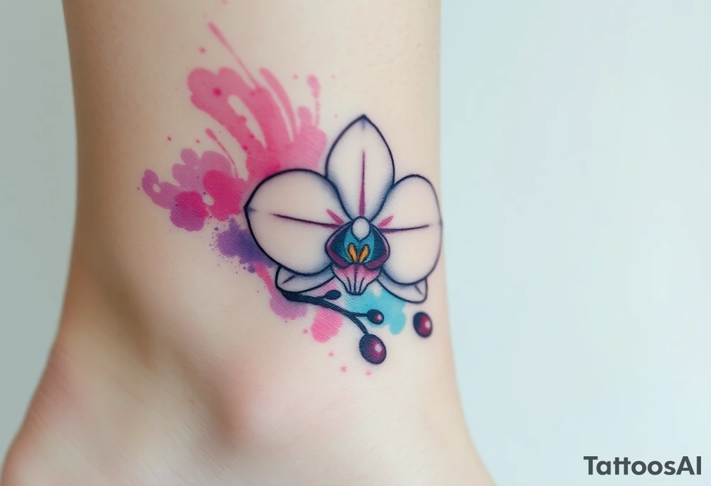 An abstract watercolor splash behind a simple orchid sketch, blending shades of pink, violet, and blue tattoo idea