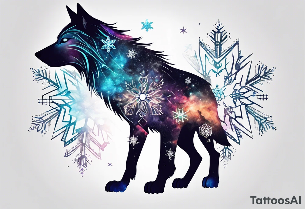 Constellation, animal alien wolf, snowflake tattoo idea