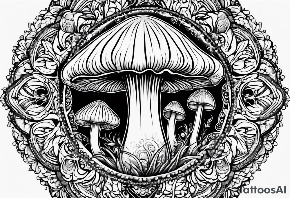 Shaggy cap mushroom dripping ink off cap mandala henna black tattoo design tattoo idea