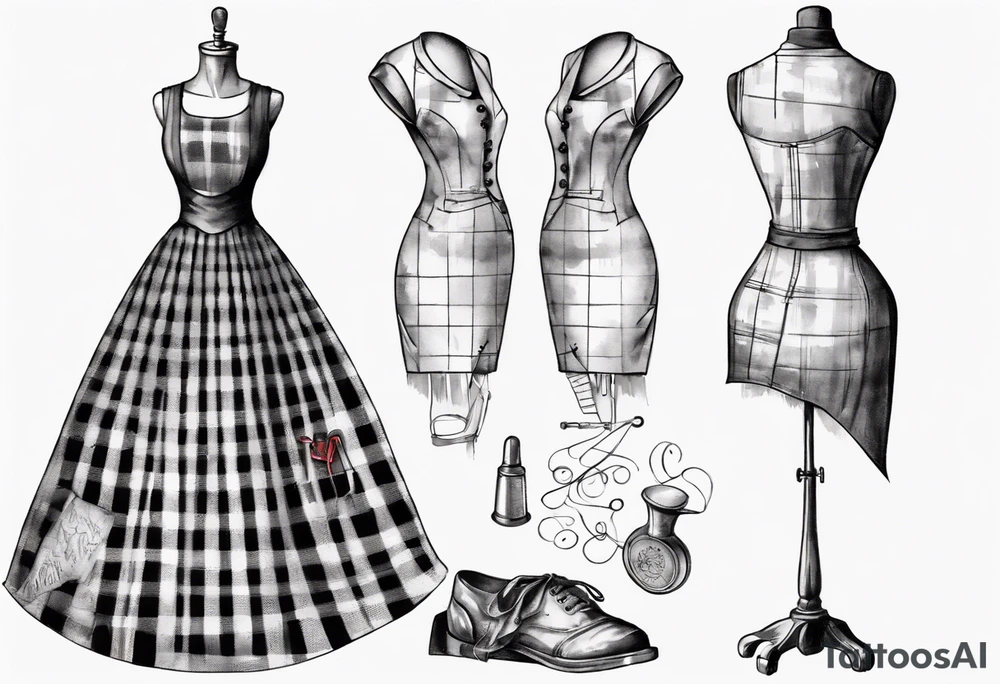 Tailor's mannequin in plaid woman's dress. Nearby a needle tracing two initials, plus a thimble. Dress Is composer by skirt and gilet. tattoo idea