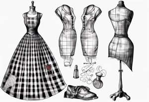 Tailor's mannequin in plaid woman's dress. Nearby a needle tracing two initials, plus a thimble. Dress Is composer by skirt and gilet. tattoo idea