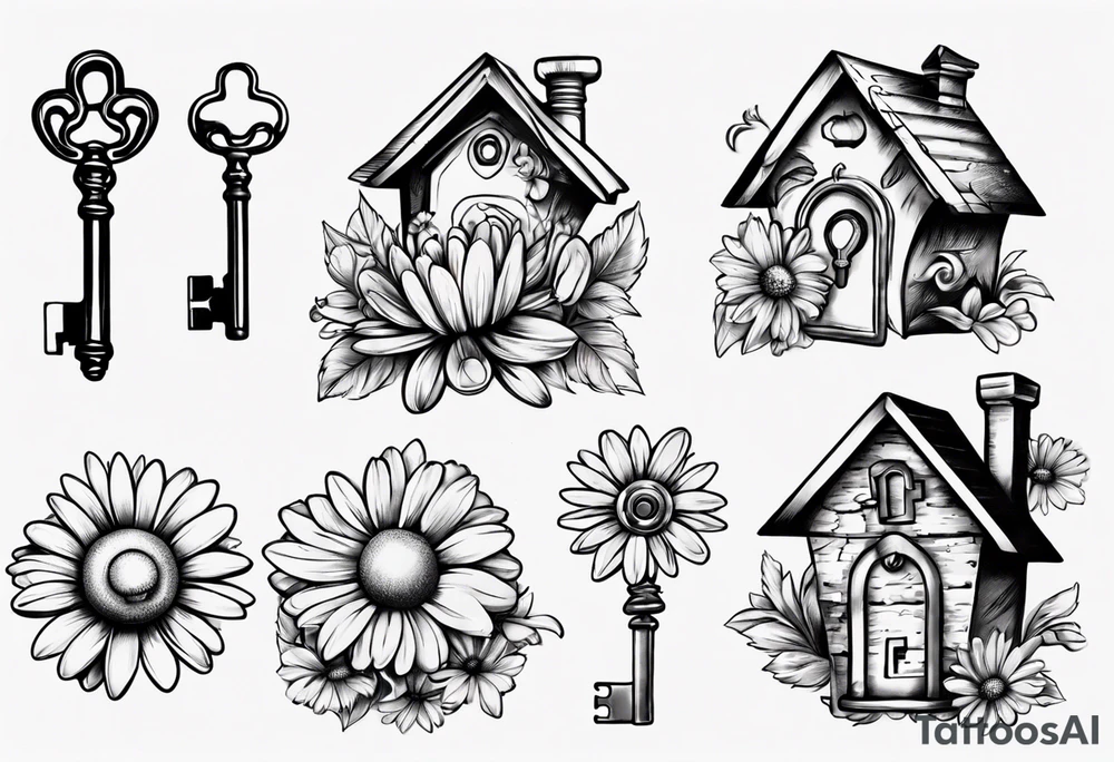 Daisy and house and lock key tattoo idea