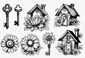 Daisy and house and lock key tattoo idea