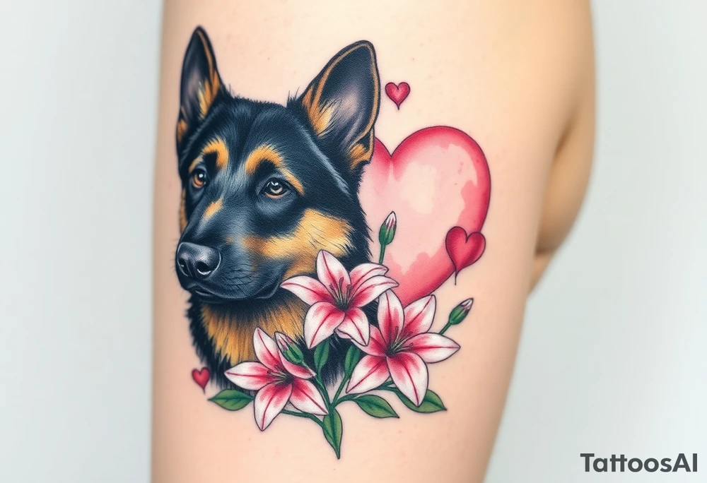 protective german shepherd dog with pink lily flowers in front of sacred heart tattoo idea