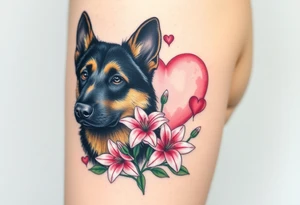 protective german shepherd dog with pink lily flowers in front of sacred heart tattoo idea