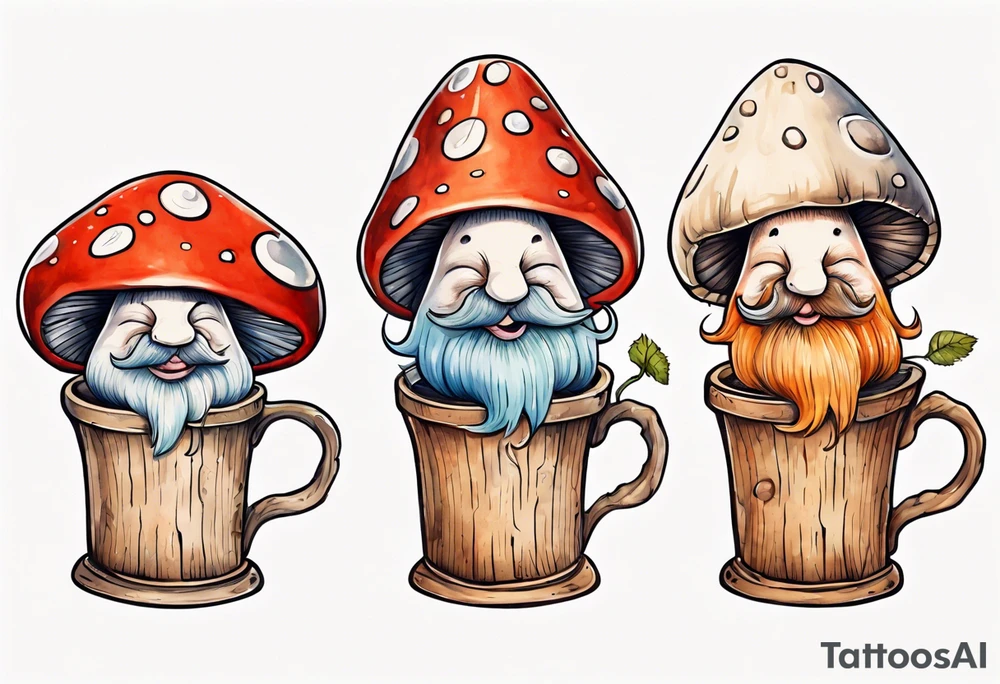 a medieval mushroom with a face and a beard with arms and legs drinking from a wood mug, laughing tattoo idea
