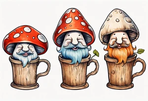 a medieval mushroom with a face and a beard with arms and legs drinking from a wood mug, laughing tattoo idea