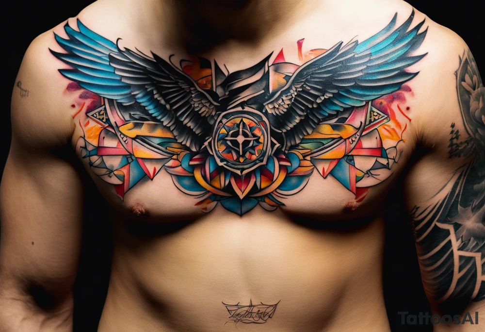 Wide tattoo that appears to be bursting out of the skin, symbolizing freedom. The tattoo should be vibrant and dynamic, with bold lines and colors that evoke a sense of liberation and empowerment. Consider incorporating elements such as broken chains, or other symbols of freedom. The tattoo should be visually striking and thought-provoking. tattoo idea