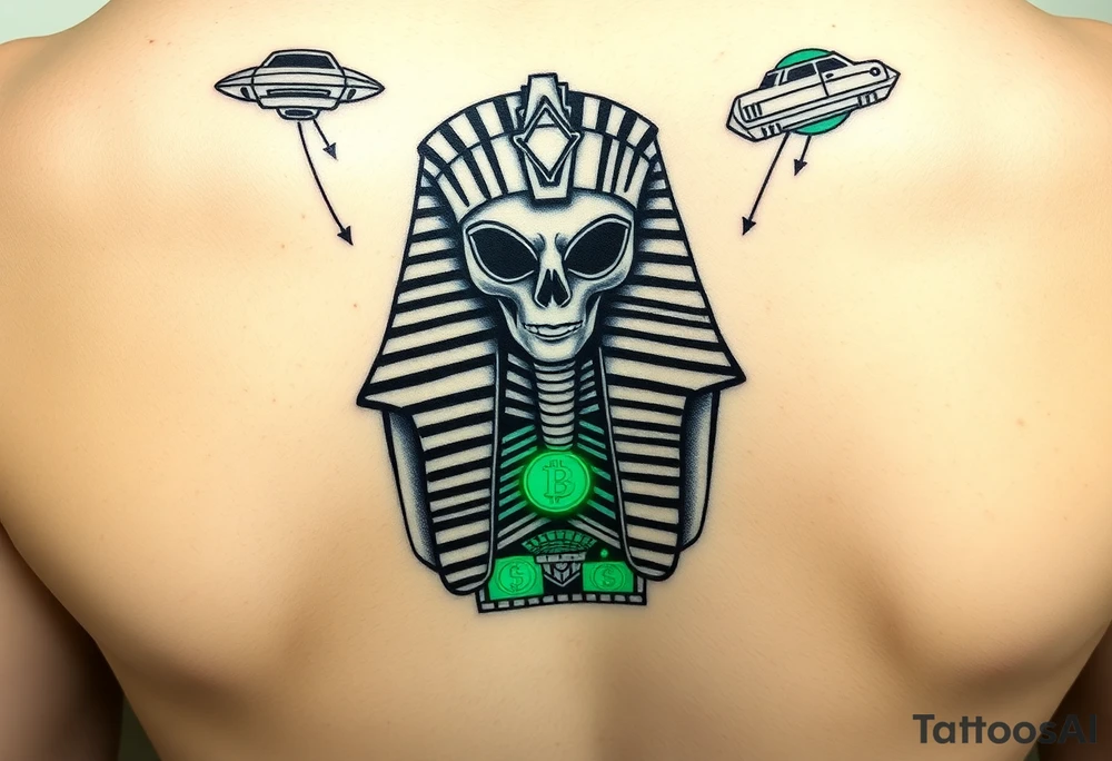 "Pharaoh's sarcophagus opening to reveal a grey alien. Instead of organs: glowing crypto wallets. Floating UFOs are shaped like Chevy Impalas (lowrider style).  

Style: Neo-traditional tattoo with glitch effects. Colors: turquoise/black/neon green." tattoo idea