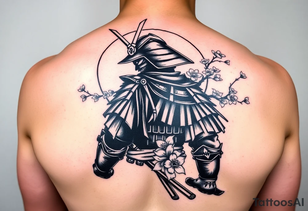 noble samurai warrior silhouette at sunset with cherry blossoms in a full arm sleeve tattoo idea