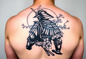 noble samurai warrior silhouette at sunset with cherry blossoms in a full arm sleeve tattoo idea