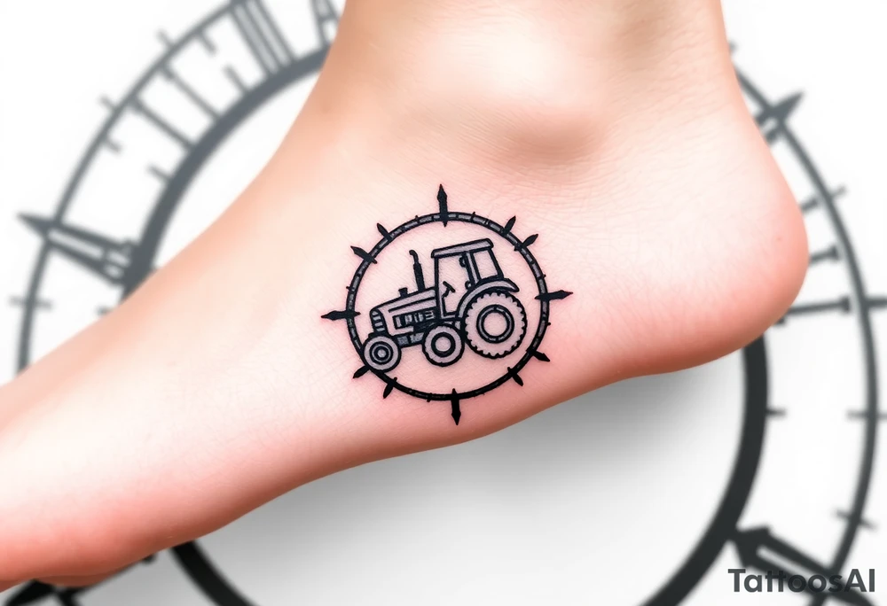 A tiny tractor inside a compass, symbolizing guidance and staying true to one’s roots tattoo idea