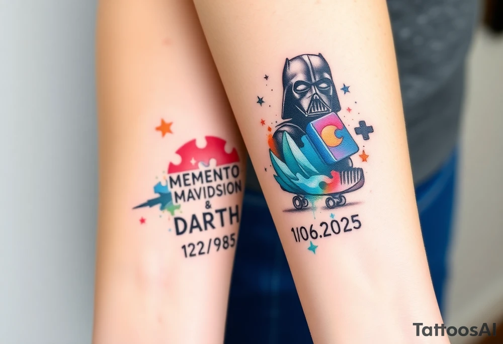 colorful futuristic memory tattoo for passed boyfriend;, star wars, space, Harley Davidson, batman, skateboarding, camping, puzzle pieces, video games, heaven, god, outdoors, bullets, words MEMENTO MORI & DARTH CARTER 12/29/88-01/06/2025 tattoo idea
