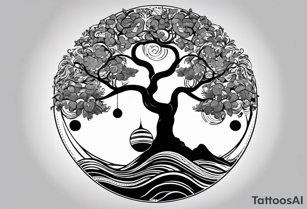 an abstract Tree of life tattoo design. Black and white. It should have roots growing out of the bottom. The roots slowly transform into water waves from the great wave by Hokusai. A golf ball should be placed discreetly. Like in the place of a moon. 2 license plate tags should be hanging from the tree. Place a few music notes. The letters A U should be engraved into the tree trunk in a heart tattoo idea