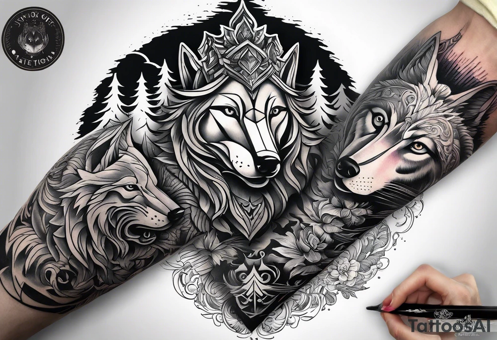 Create a vision of arm tattoo sleeve with combination of sword, crown, tree and three wolves to represent clients family roots tattoo idea