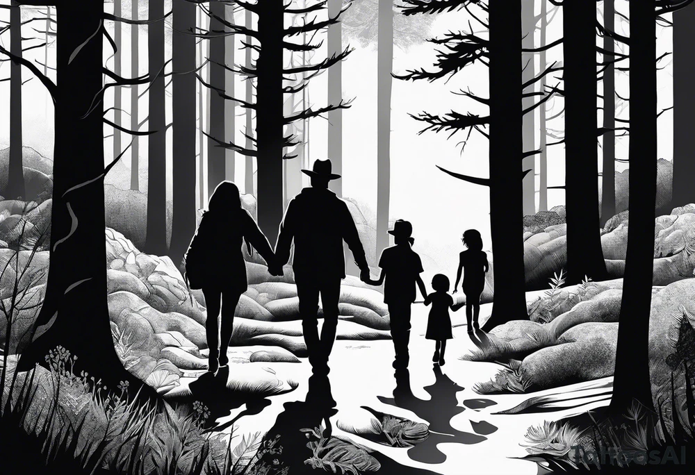 A shadow of a Man and Woman and young son and young daughter  walking through the Pacific Northwest Forrest. Crosses. tattoo idea