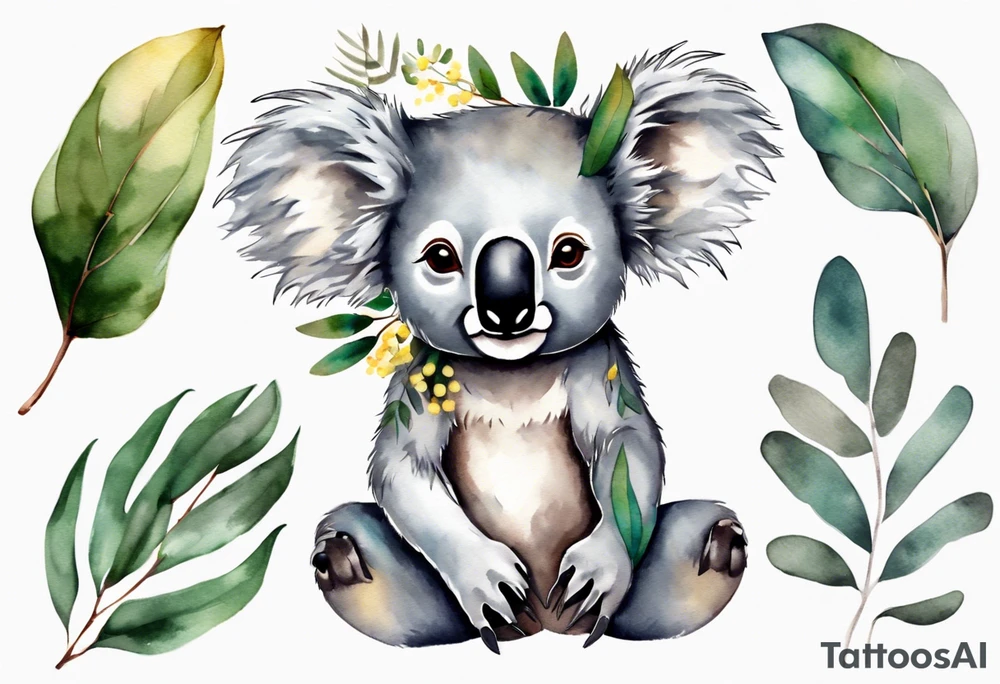koala sitting on wattle and eucalyptus leaves tattoo idea