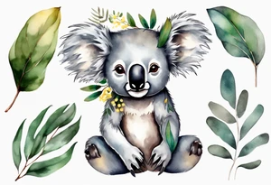 koala sitting on wattle and eucalyptus leaves tattoo idea