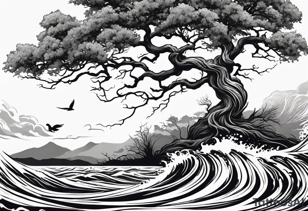 tall oak tree with roots growing around calming waves and a phoenix for forearm tattoo idea