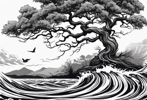tall oak tree with roots growing around calming waves and a phoenix for forearm tattoo idea
