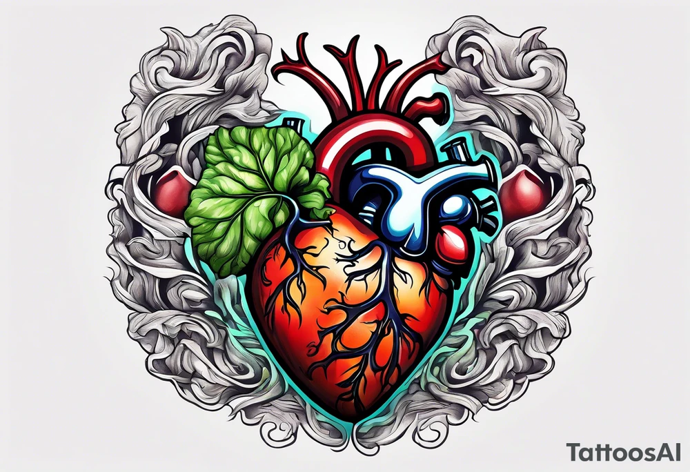 Human heart intertwined with cabbage leaved tattoo idea